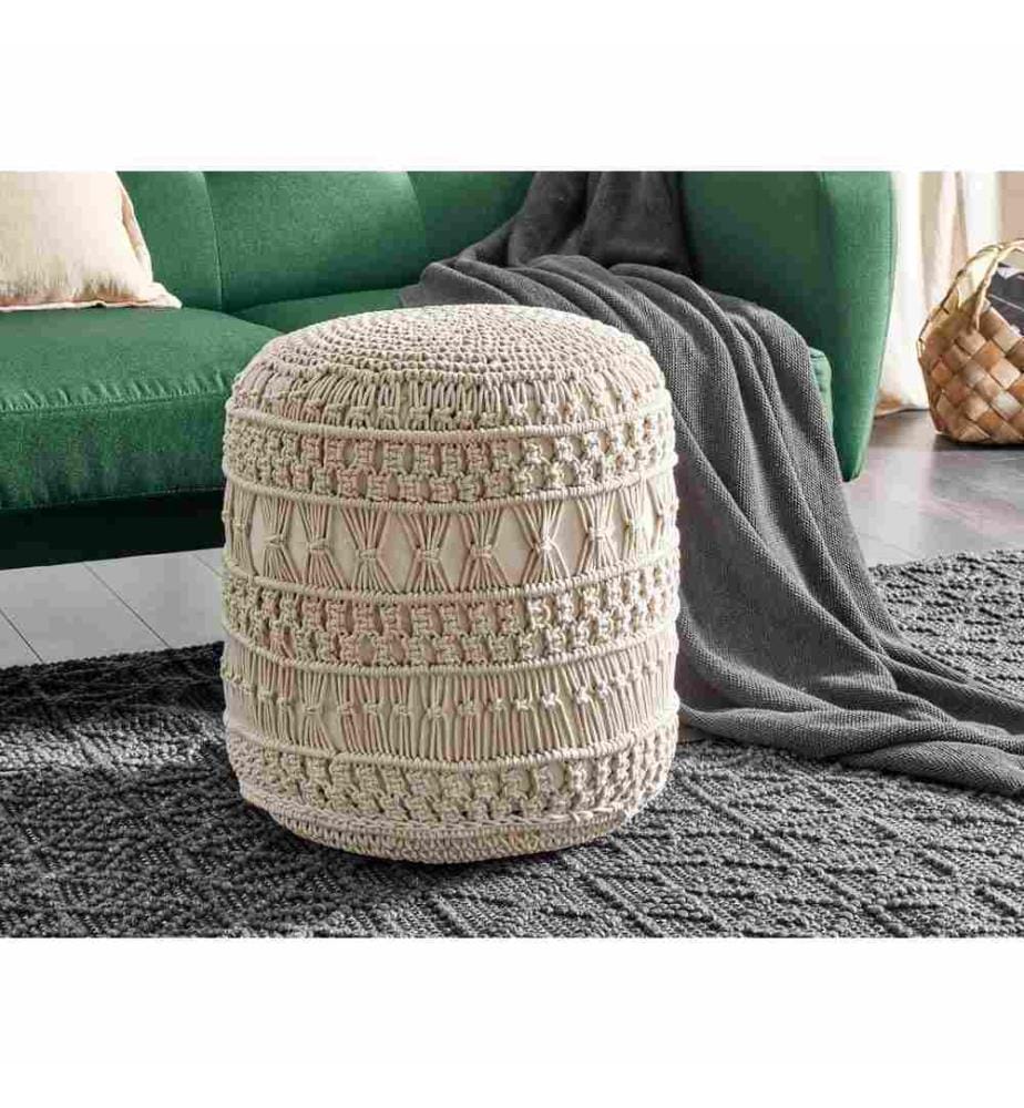 Pouf Beige aus Baumwolle ? 45 cm Rund Makramee Design Boho Stil Wohnaccessoires für Wohnzimmer Schlafzimmer Flur