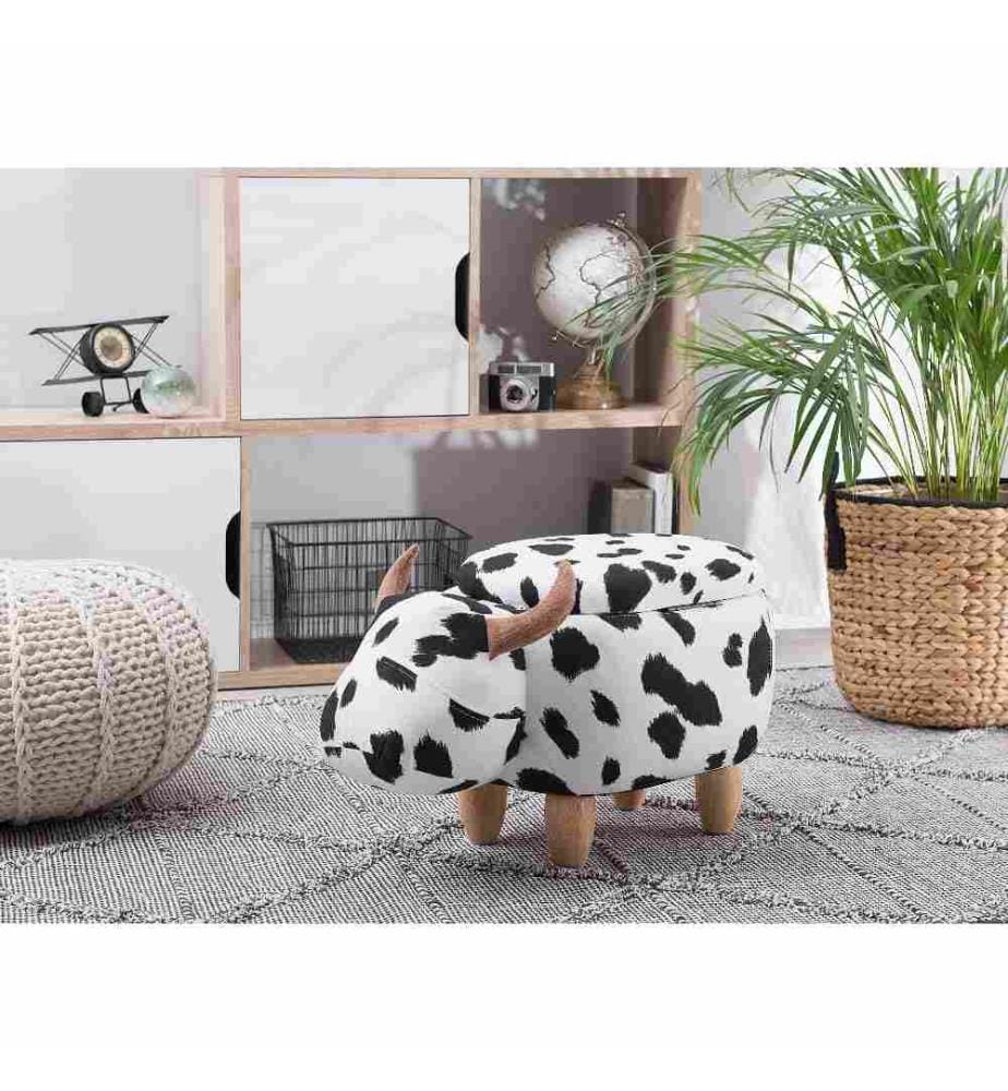 Tierhocker Schwarz Weiss Polyester Baumwolle Gummibaumholz 35 x 32 x 60 cm Modern Lederoptik Kuh Praktisch Deckel Kindermöbel Kinderzimmer