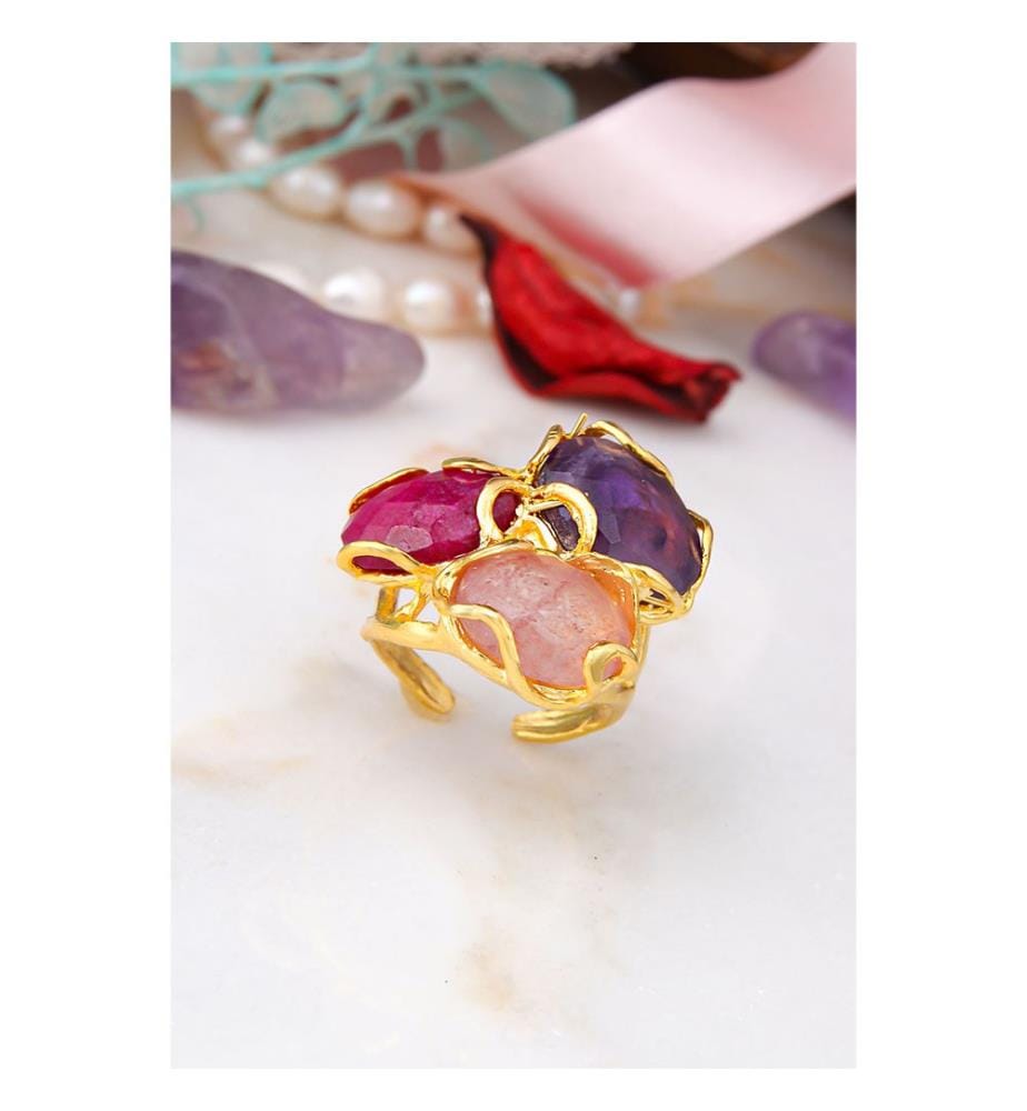 Bague en agate, pierre de soleil et améthyste - Rouge, Orange et Violet