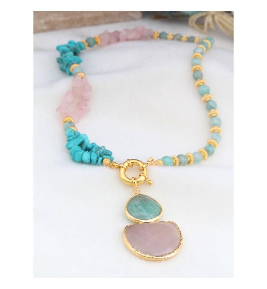 Collana di quarzo rosa e amazzonite - Rosa e azzurro