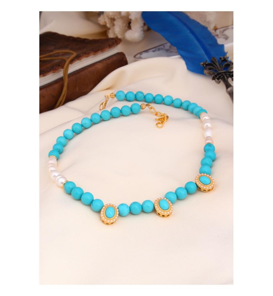 Collana di turchesi e perle - Blu e bianco