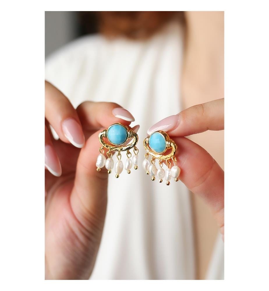 Ohrringe aus blauem Opal und Perlen - Blau