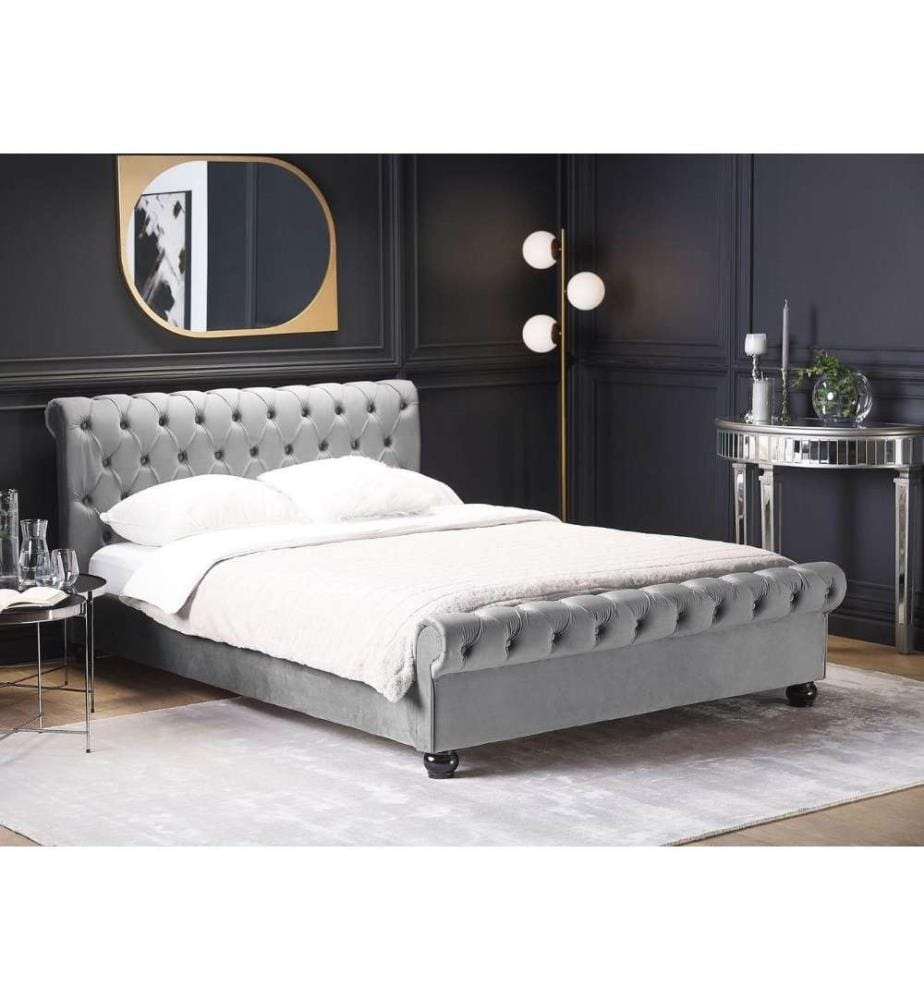 Wasserbett Hellgrau Samtstoff mit Matratze 140 x 200 cm Heizung Hohes Kopfteil Chesterfield Style Knopfheftung Versteppt Holzbeine Schlafzimmer