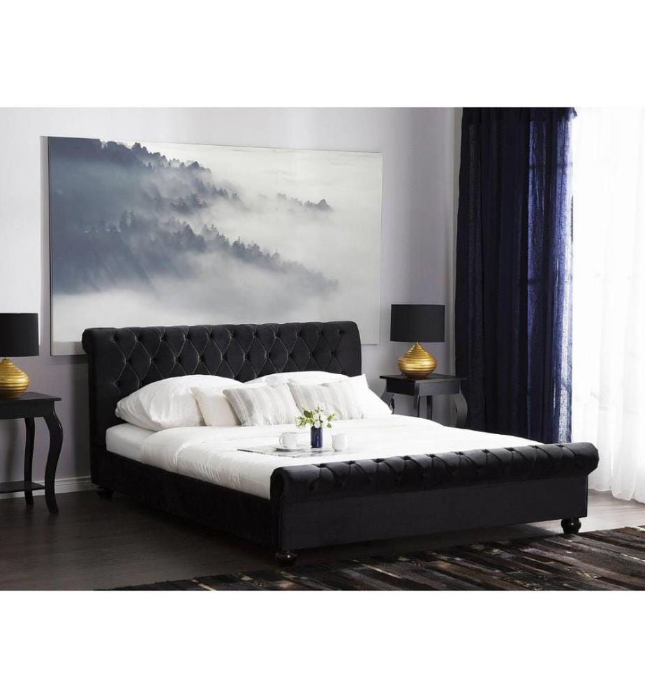 Wasserbett Schwarz Samtstoff mit Matratze 140 x 200 cm Heizung Hohes Kopfteil Chesterfield Style Knopfheftung Versteppt Holzbeine Schlafzimmer