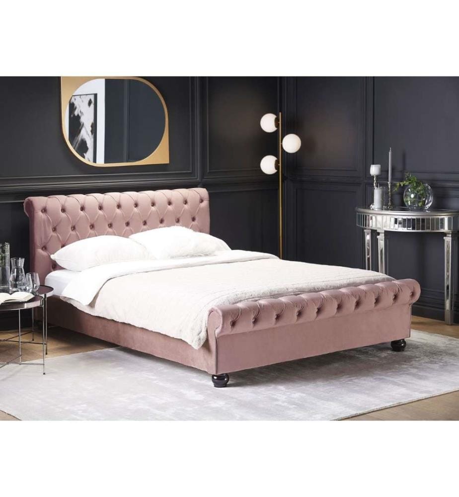 Lit à Eau Double en Velours Rose 160 x 200 cm Cadre Capitonné Confortable et Design Glamour pour Chambre Moderne ou Classique
