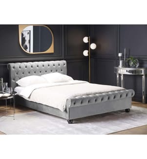 Wasserbett Hellgrau Samtstoff mit Matratze 160 x 200 cm Heizung Hohes Kopfteil Chesterfield Style Knopfheftung Versteppt Holzbeine Schlafzimmer