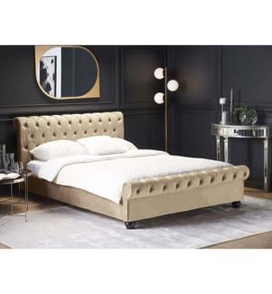 Wasserbett Beige Samtstoff mit Matratze 160 x 200 cm Heizung Hohes Kopfteil Chesterfield Style Knopfheftung Versteppt Holzbeine Schlafzimmer