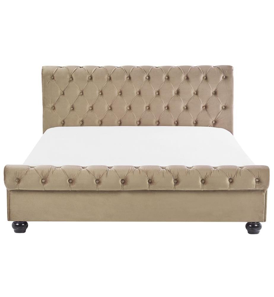Lit à Eau Double en Velours Beige 160 x 200 cm Cadre Capitonné Confortable et Design Glamour pour Chambre Moderne ou Classique