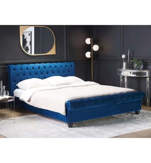 Wasserbett Blau Samtstoff mit Matratze 160 x 200 cm Heizung Hohes Kopfteil Chesterfield Style Knopfheftung Versteppt Holzbeine Schlafzimmer