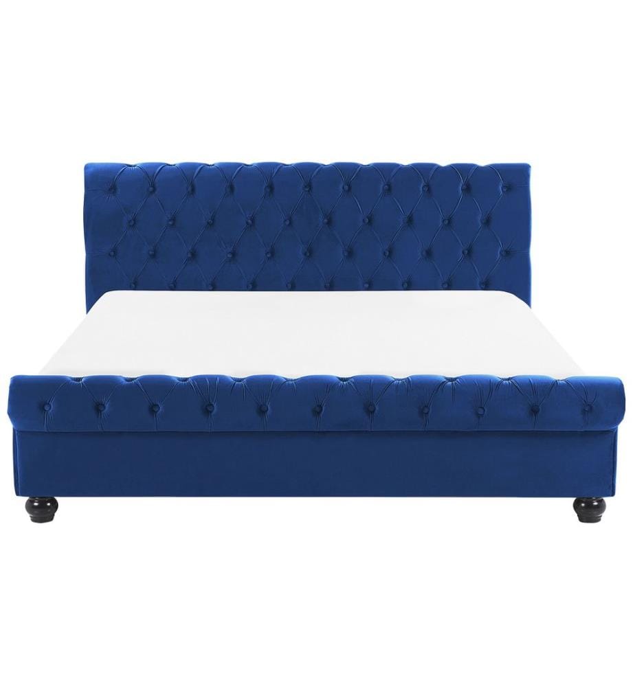 Lit à Eau Double en Velours Bleu Marine 160 x 200 cm Cadre Capitonné Confortable et Design Glamour pour Chambre Moderne ou Classique