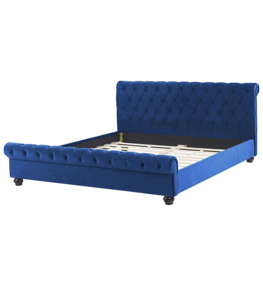 Lit à Eau Double en Velours Bleu Marine 160 x 200 cm Cadre Capitonné Confortable et Design Glamour pour Chambre Moderne ou Classique