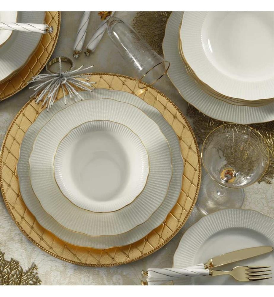 Service de Table 26 Pièces en Porcelaine - Blanc et Doré