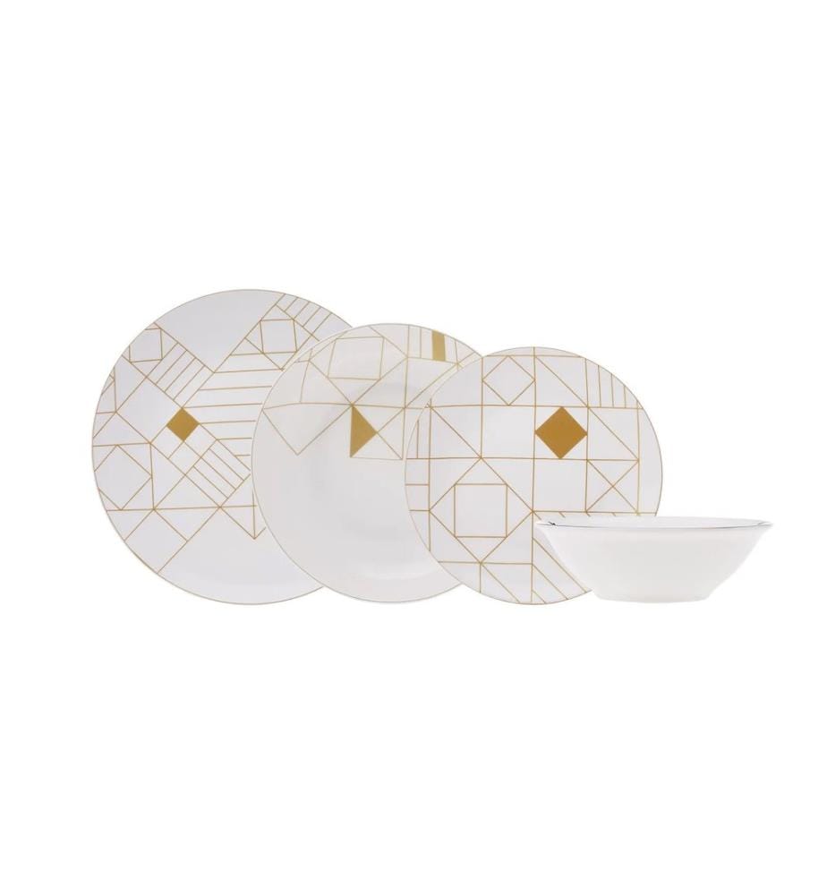 Service de Table 24 Pièces en Porcelaine - Blanc et Or