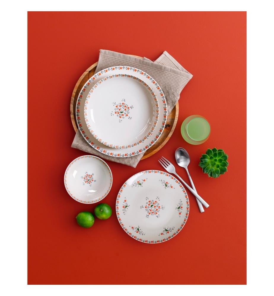 24 Piece Porcelain Dinner Service - White, Orange, Green and Black