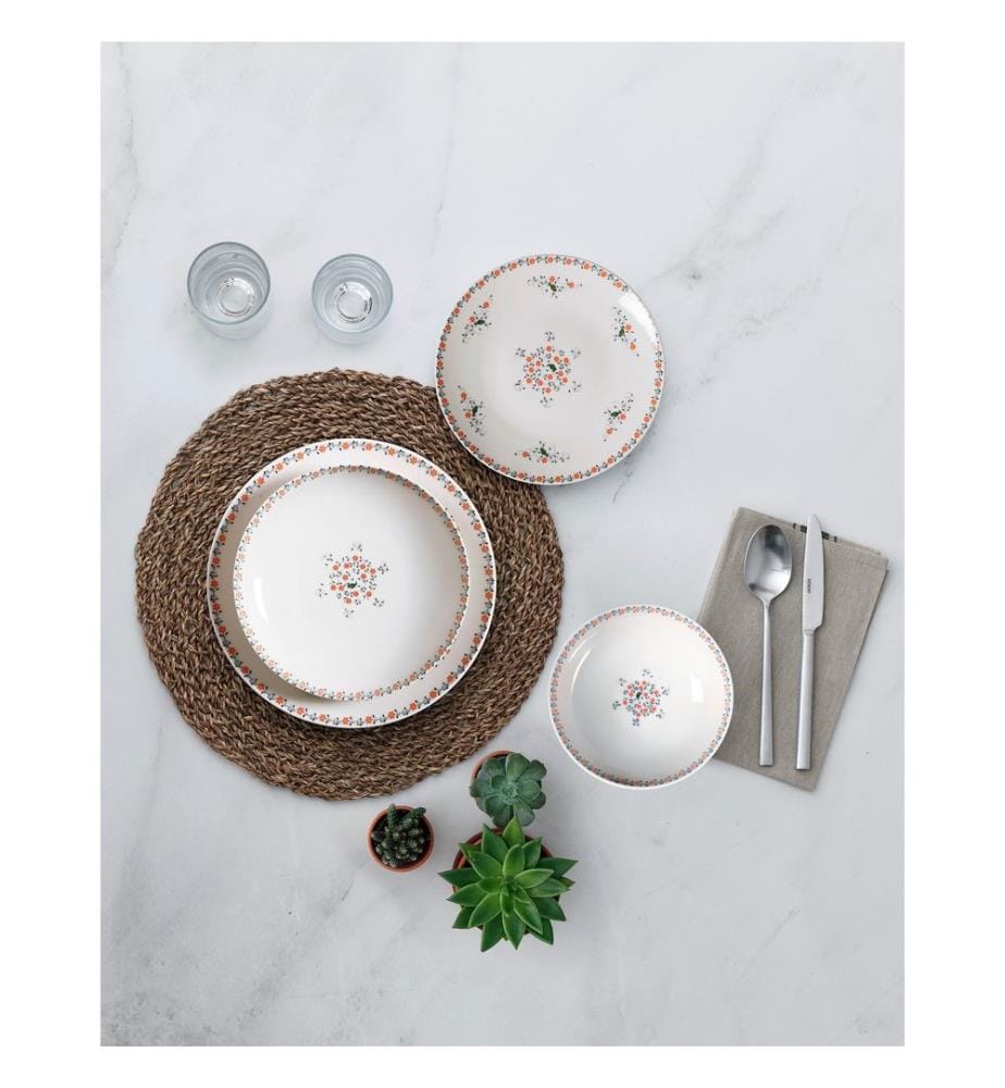 24 Piece Porcelain Dinner Service - White, Orange, Green and Black
