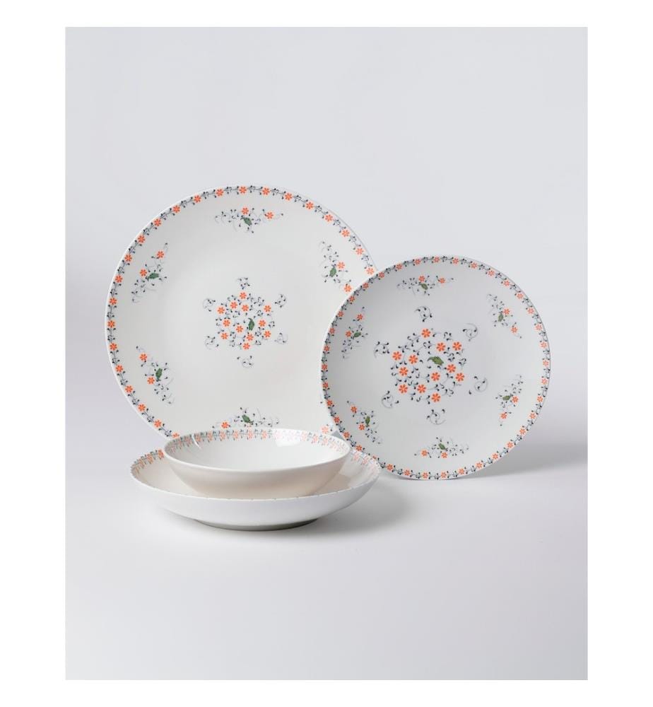 24 Piece Porcelain Dinner Service - White, Orange, Green and Black