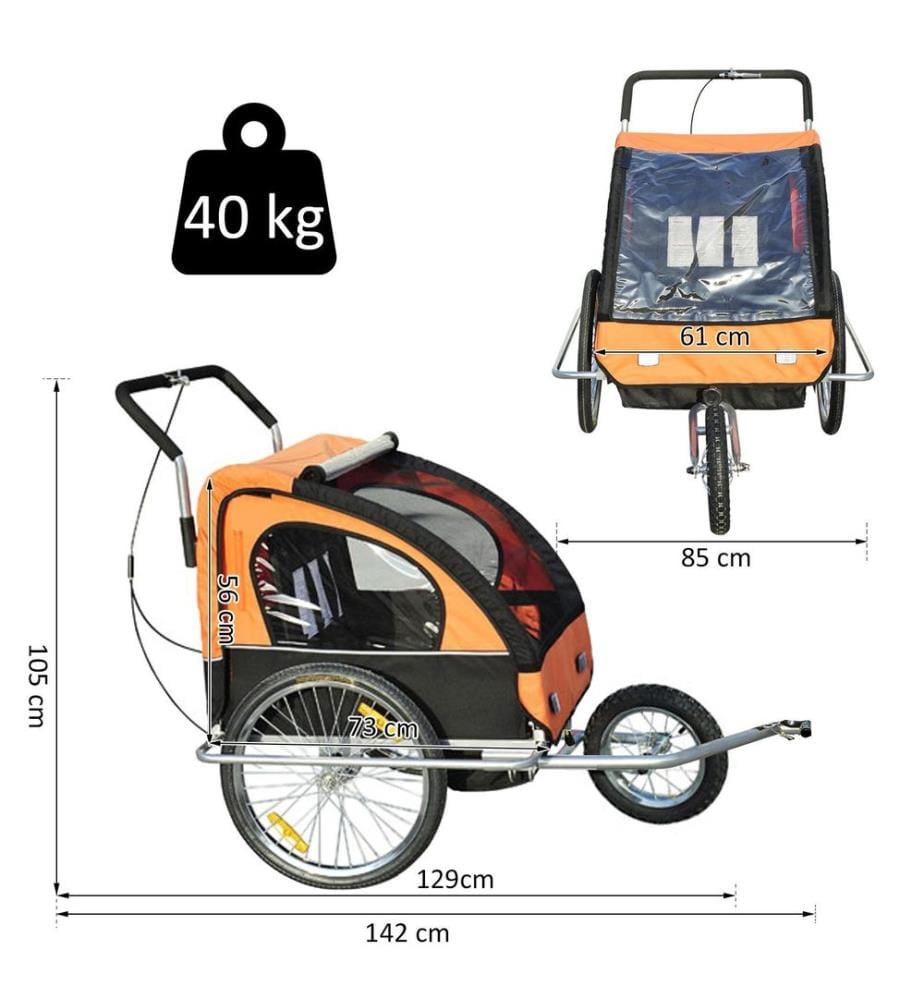 2in1 Fahrradanhänger Kinderanhänger Jogger Kinderfahrradanhänger Orange