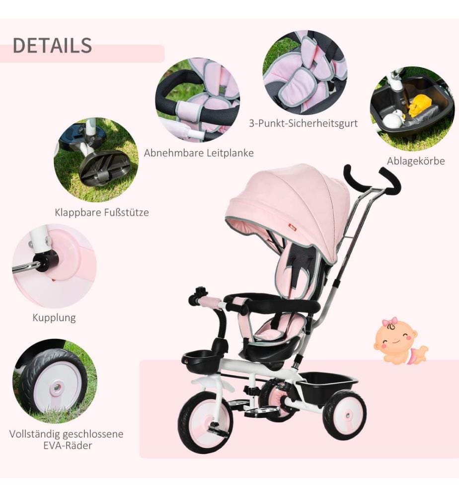2 in 1 Kinderdreirad Jogger mit Lenksystem Samt-Touch Rosa