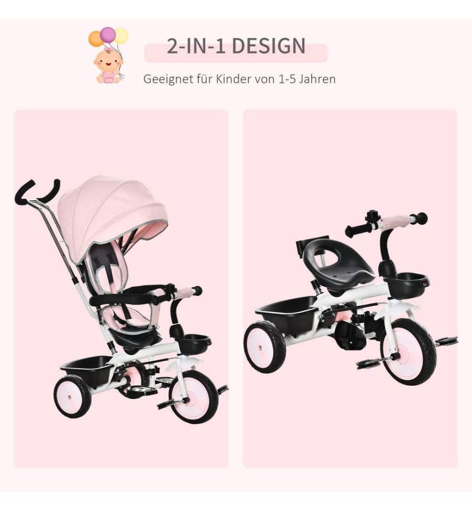 2 in 1 Kinderdreirad Jogger mit Lenksystem Samt-Touch Rosa