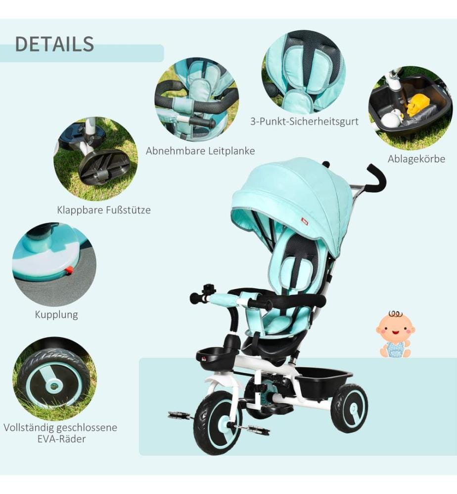 2 in 1 Kinderdreirad Jogger mit Lenksystem Samt-Touch Grün