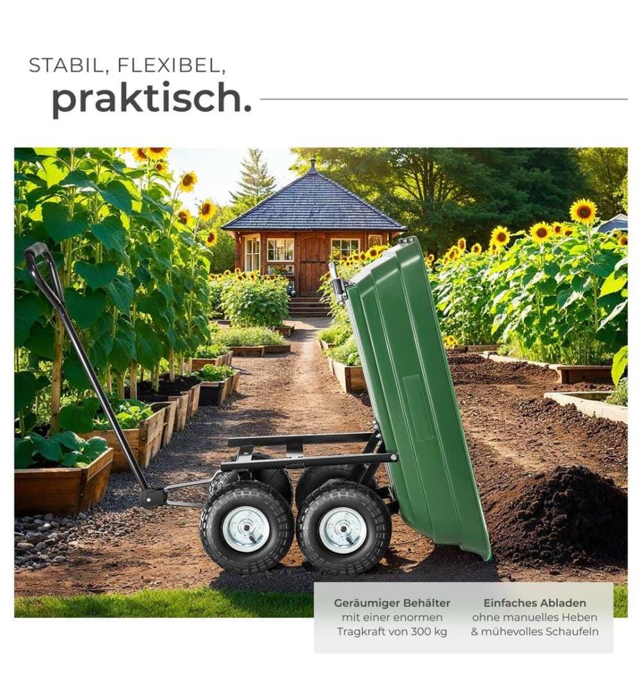 Carretto ribaltabile con pneumatico gonfiato ad aria, carico massimo 300 kg - verde