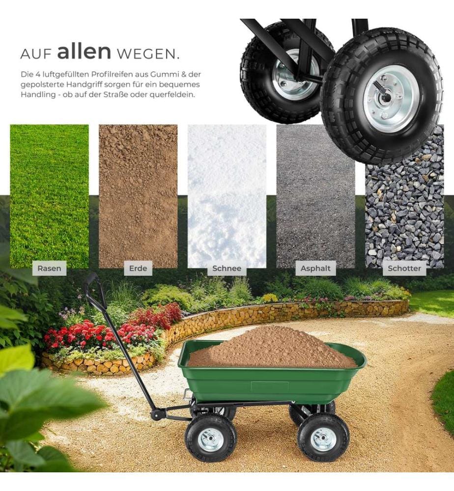 Carretto ribaltabile con pneumatico gonfiato ad aria, carico massimo 300 kg - verde