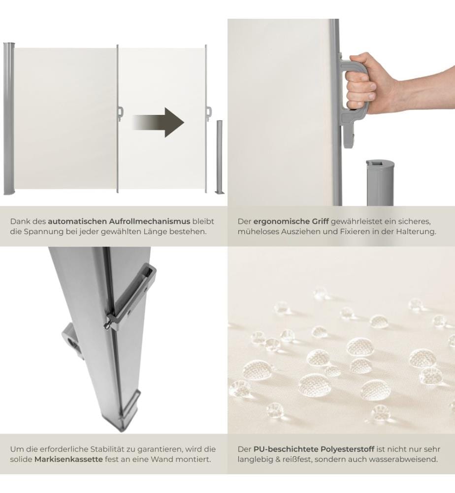Paravent rétractable et extensible avec enrouleur - 180 x 300 cm, beige