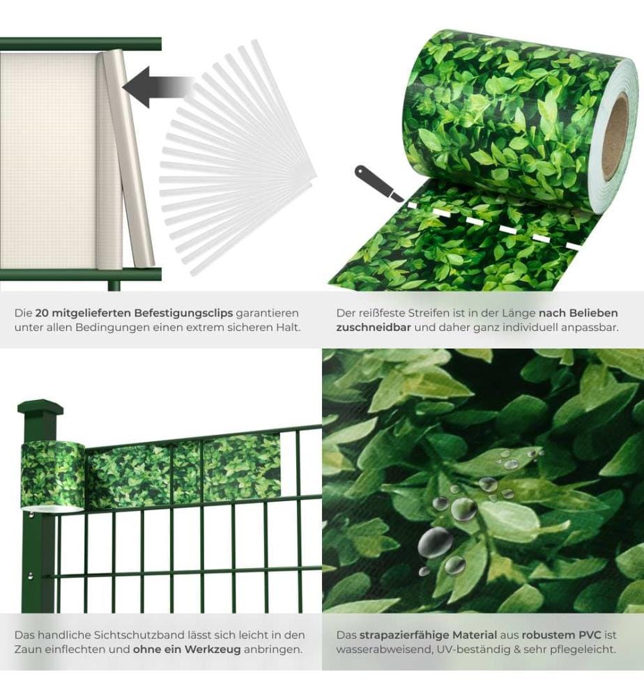 PVC Sichtschutzfolie mit Befestigungsclips - 35 m, grünes Laub