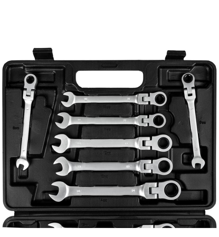 Set di chiavi a cricchetto con teste a snodo flessibili, 12 pezzi - nero