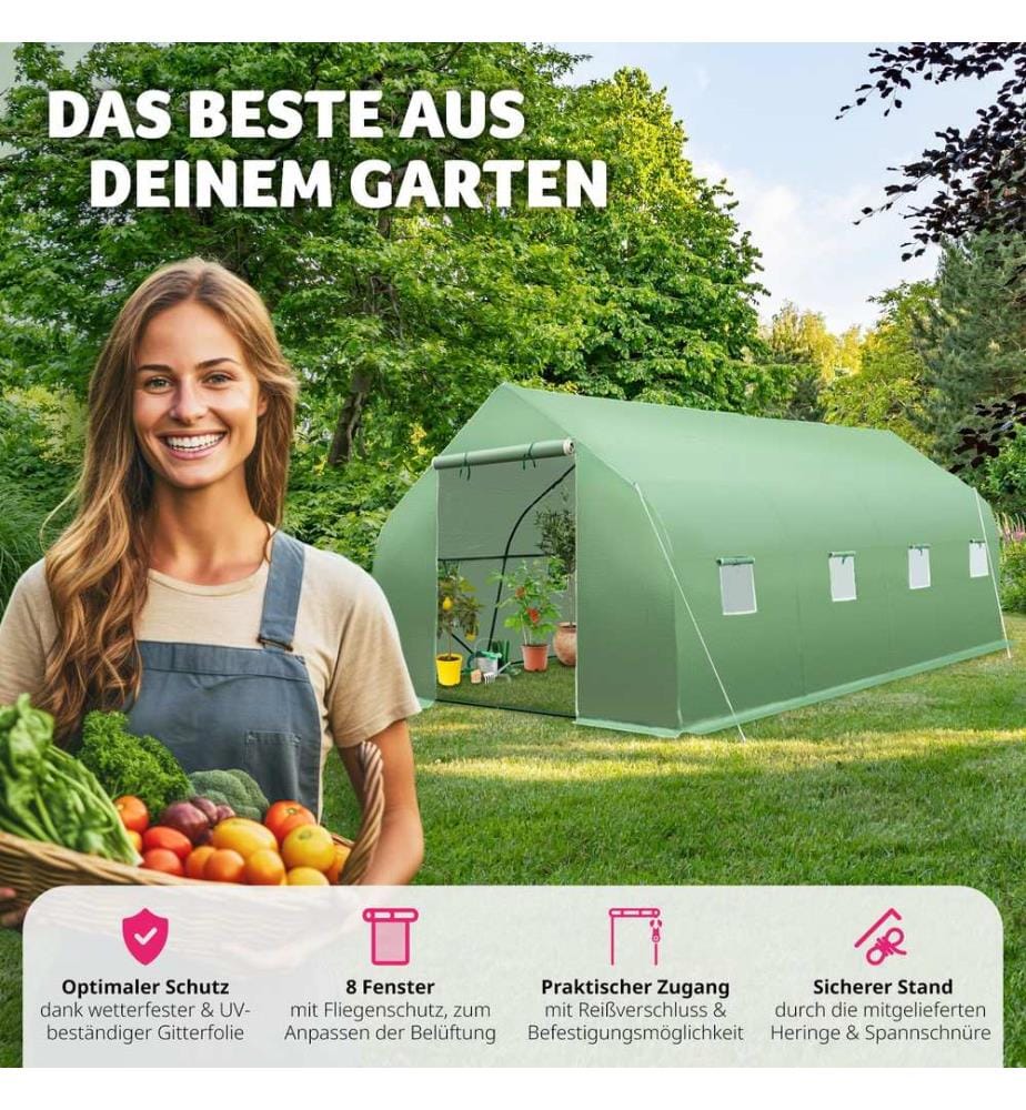 Foliengewächshaus in Zeltform mit 8 Fenstern 600x300x205 cm - grün