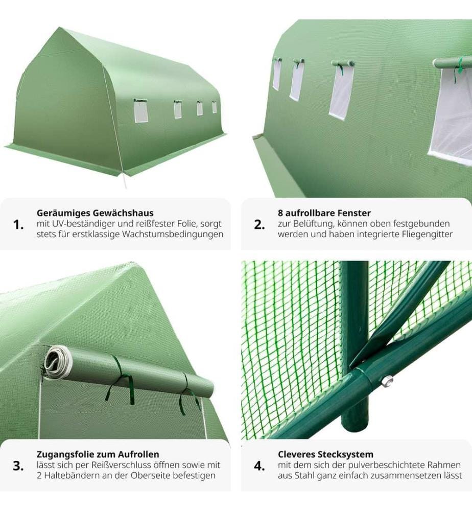 Foliengewächshaus in Zeltform mit 8 Fenstern 600x300x205 cm - grün