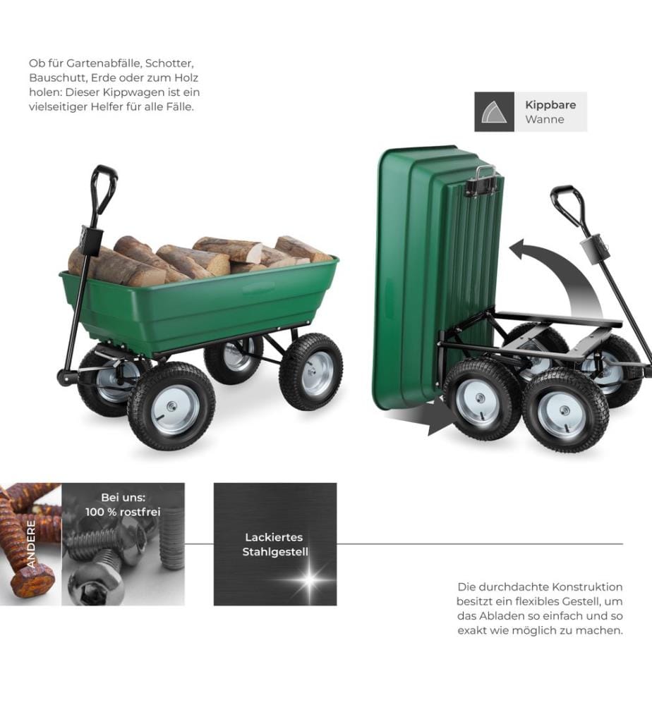 Carrettino Tummi con pneumatico gonfiato ad aria, carico massimo 300 kg - verde