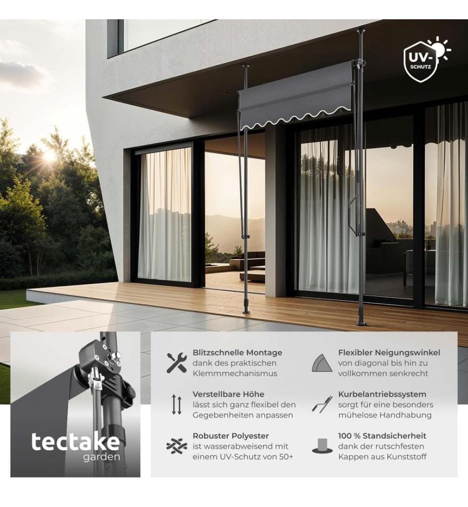 Tenda a morsetto con manovella, altezza regolabile - 150 x 180 cm, nerogrigio