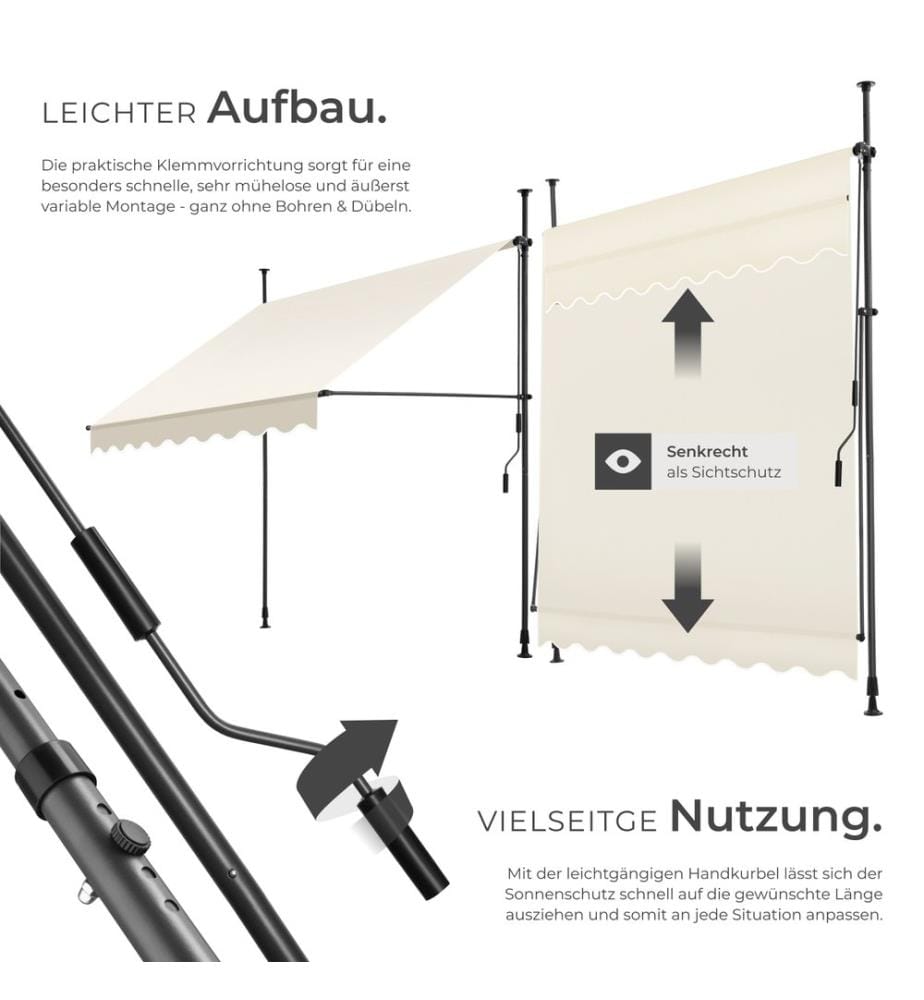 Awning with hand crank - pressure fitted , height adjustable - 200 x 180 cm, beige