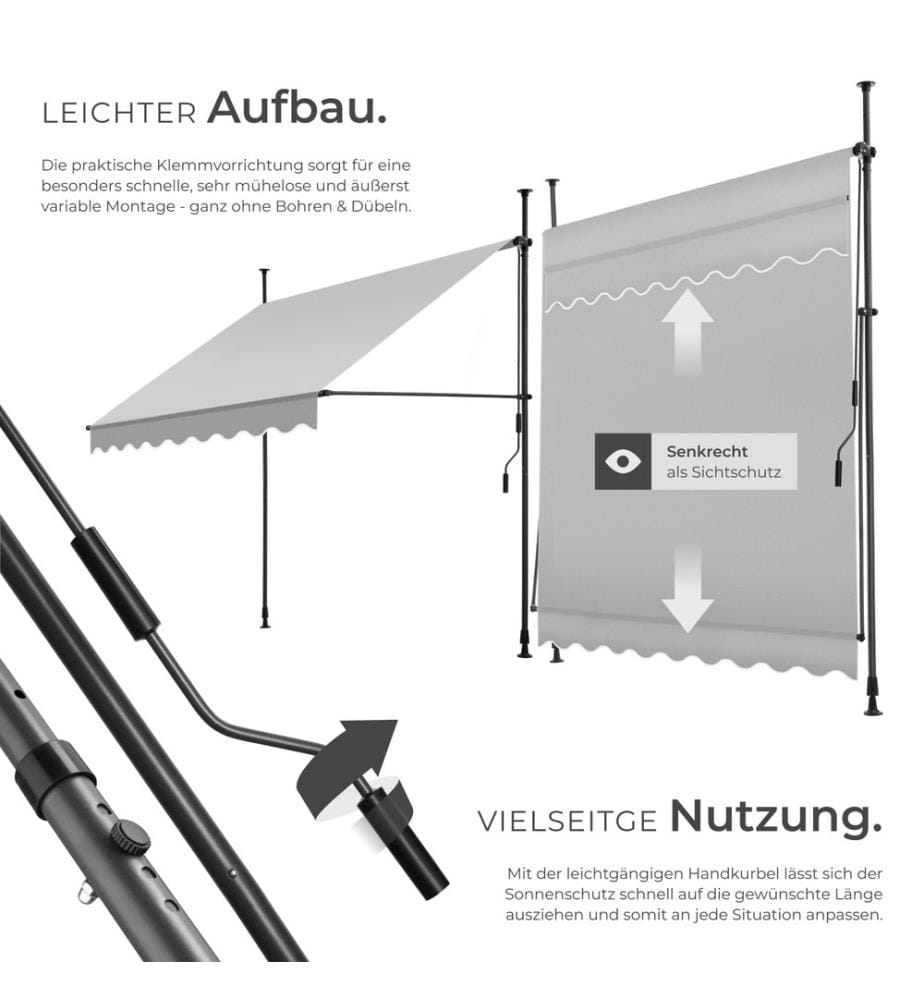 Klemmmarkise mit Handkurbel, höhenverstellbar - 200 x 180 cm, hellgrau