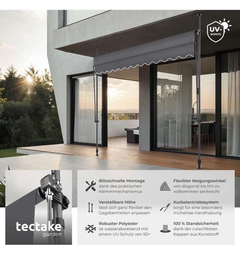 Tenda a morsetto con manovella, altezza regolabile - 300 x 180 cm, nerogrigio