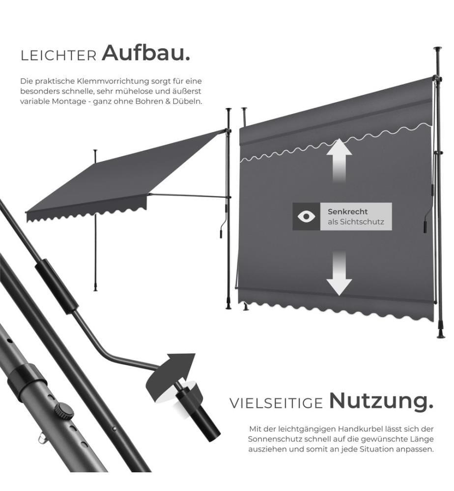 Tenda a morsetto con manovella, altezza regolabile - 300 x 180 cm, nerogrigio