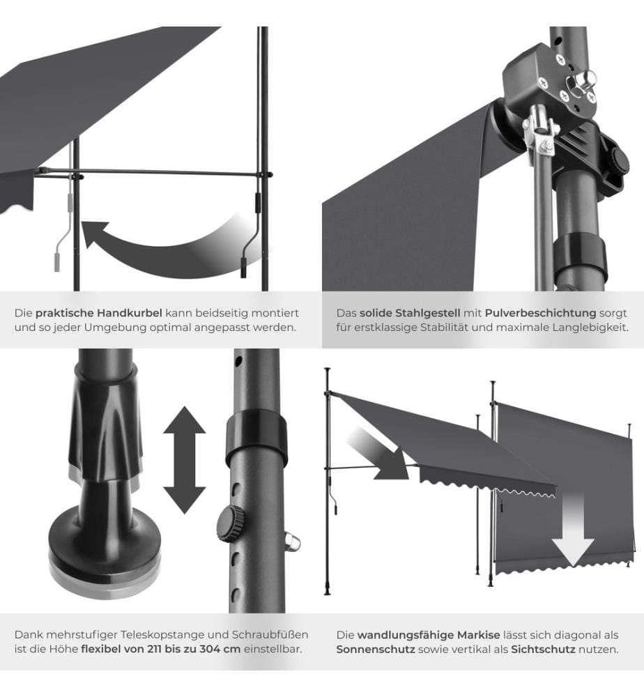 Tenda a morsetto con manovella, altezza regolabile - 300 x 180 cm, nerogrigio