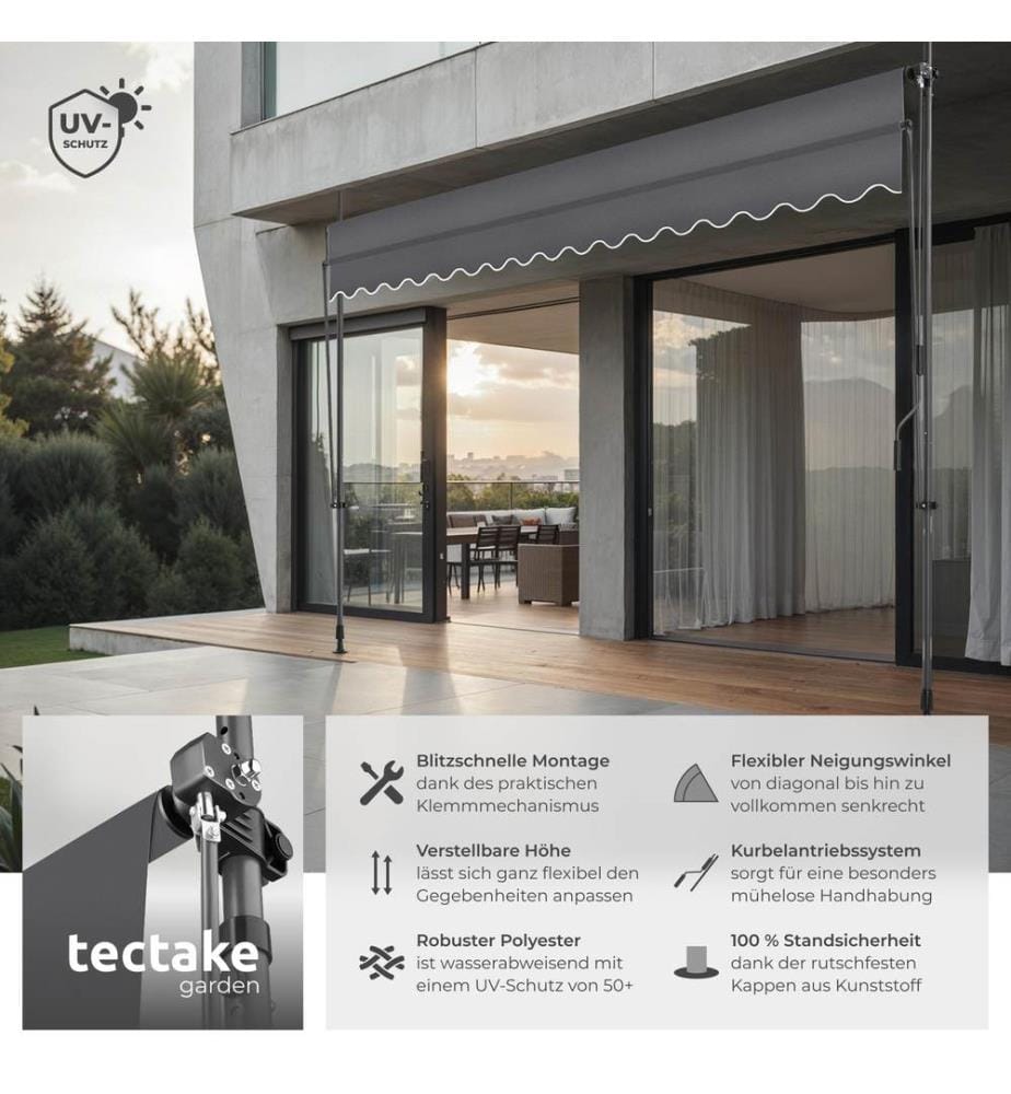 Tenda a morsetto con manovella, altezza regolabile - 400 x 180 cm, nerogrigio