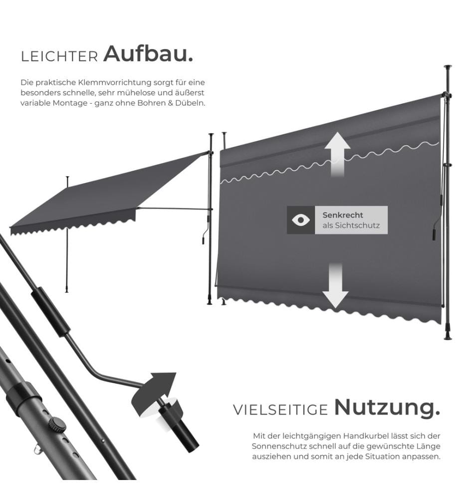 Tenda a morsetto con manovella, altezza regolabile - 400 x 180 cm, nerogrigio