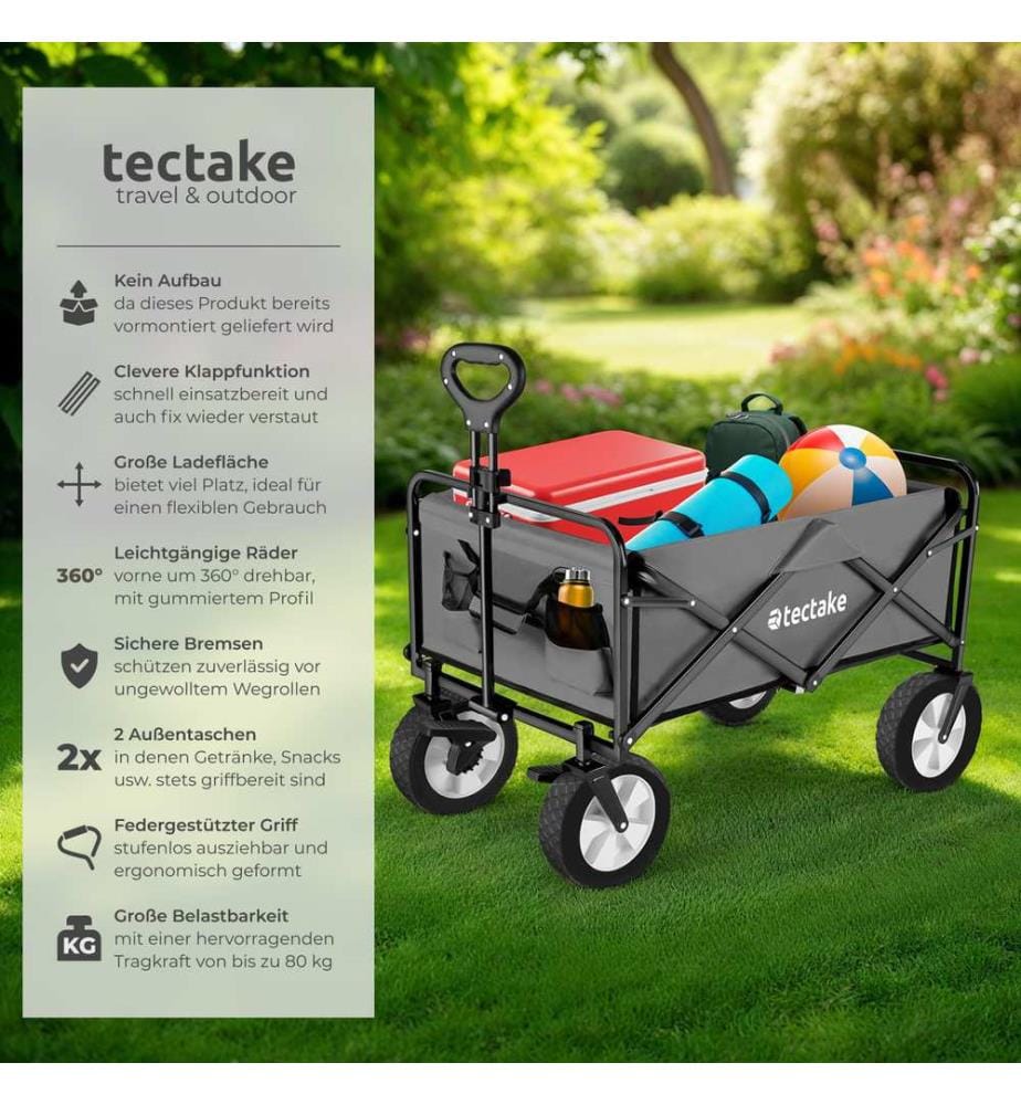 Faltbarer Bollerwagen Leon mit Bremsen, Belastbarkeit 80kg - grau