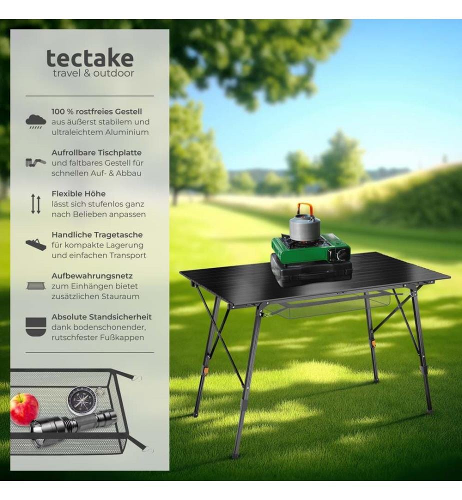 Table de camping pliante Bastian en Aluminium, réglable en hauteur - noir