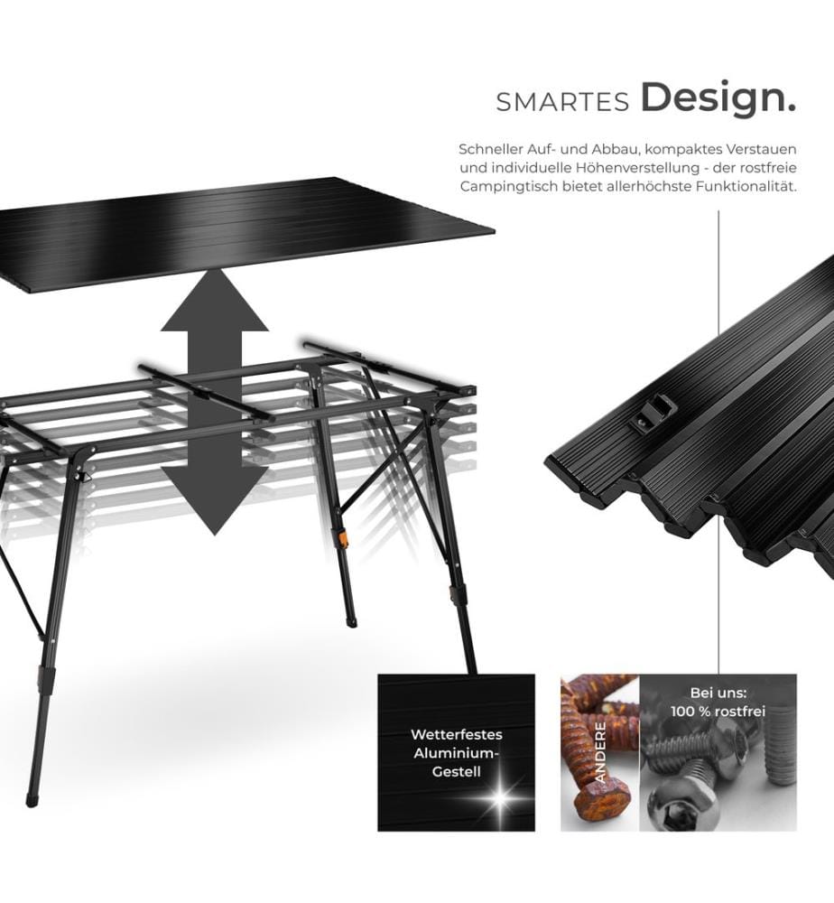Table de camping pliante Bastian en Aluminium, réglable en hauteur - noir