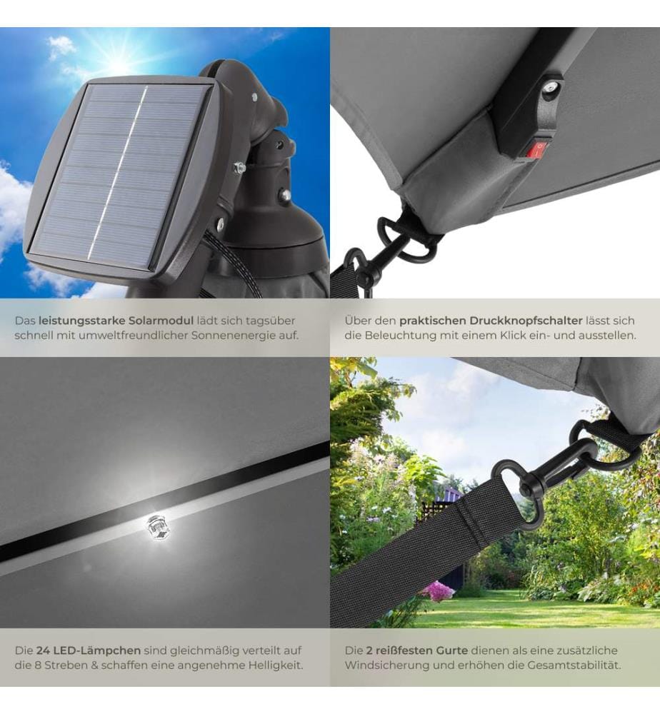 Ombrellone Sunna con LED ad energia solare con manovella 2,5 x 2,5 m - grigio chiaro