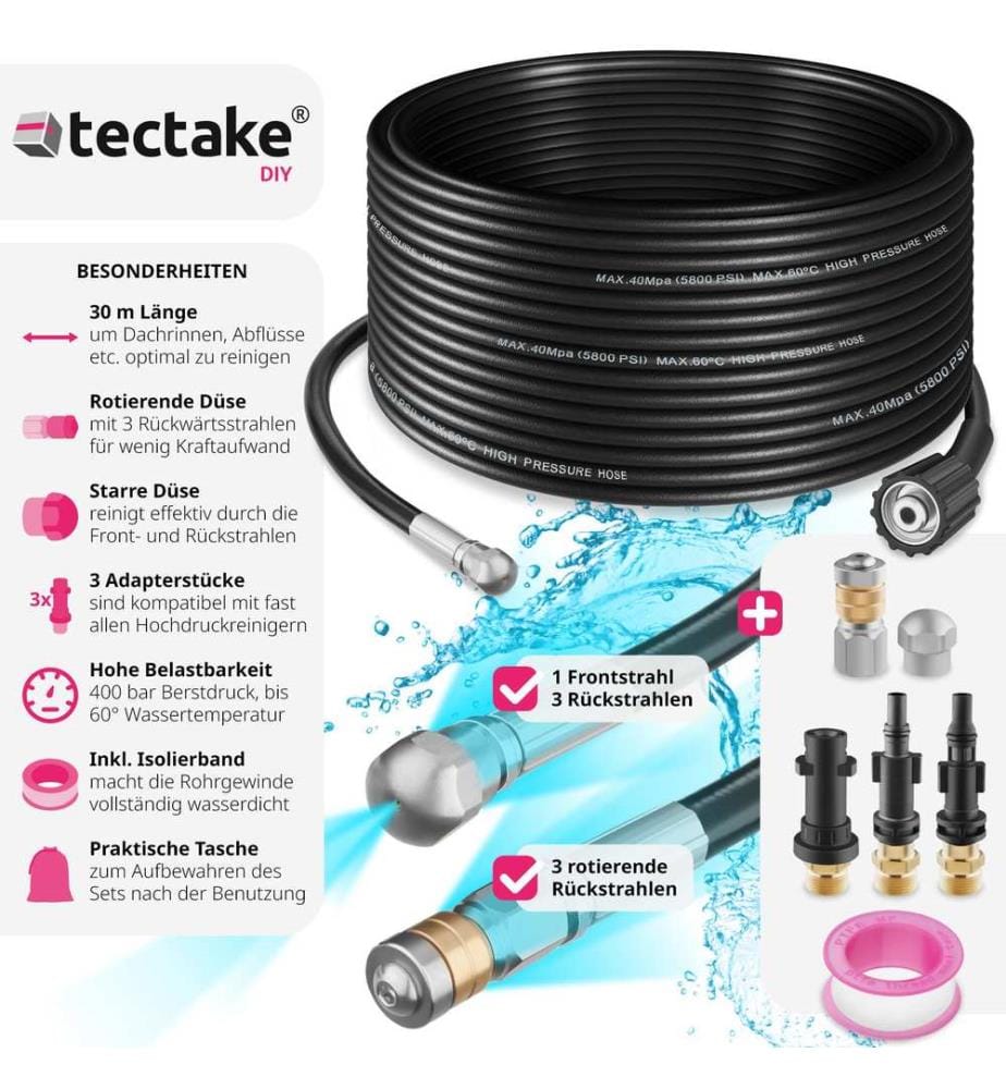 Rohrreinigungsschlauch-Set inkl 2 Düsen & 3 Adaptern - 30 m