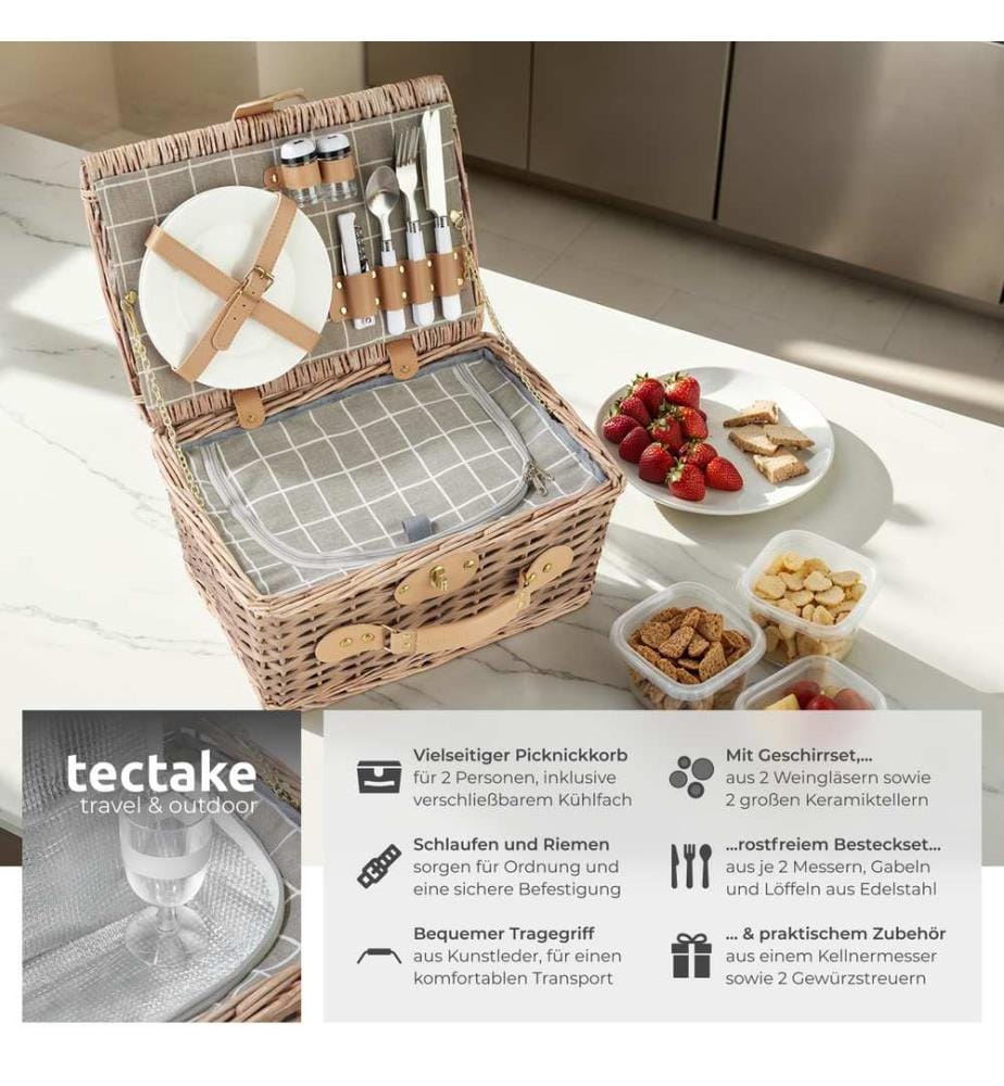 Cestino da picnic Langeoog per 2 persone, con scomparto refrigerante & accessori - marrone