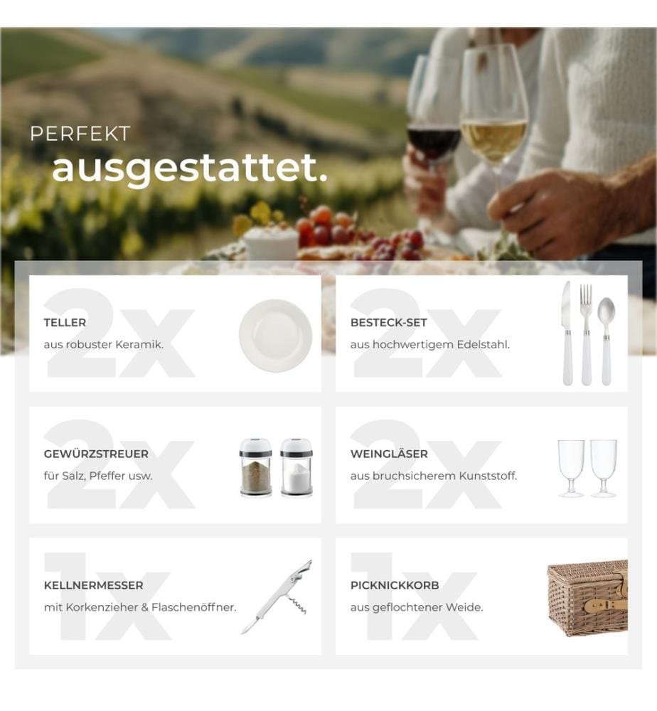 Cestino da picnic Langeoog per 2 persone, con scomparto refrigerante & accessori - marrone