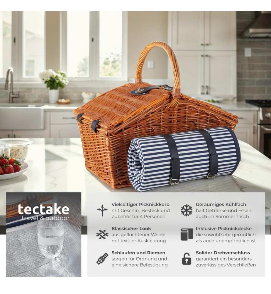 Cestino da picnic Usedom per 4 persone, con scomparto refrigerante e accessori - marrone