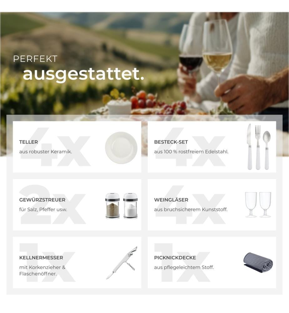 Cestino da picnic Usedom per 4 persone, con scomparto refrigerante e accessori - marrone