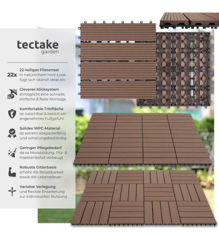 Set di piastrelle da esterno Tegulas in WPC effetto legno - marrone, Set di 22